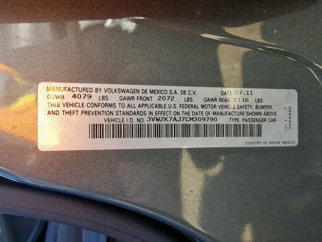 3VW2K7AJ7CM309790 - 2012 VOLKSWAGEN JETTA BASE GRAY photo 10