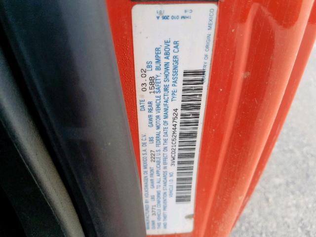 3VWCD21C52M447524 - 2002 VOLKSWAGEN NEW BEETLE ნარინჯისფერი ფოტო 10