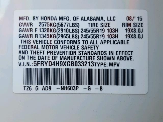 5FRYD4H9XGB033213 - 2016 ACURA MDX ADVANC WHITE photo 10