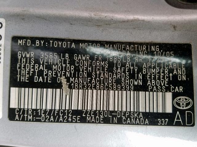 2T1BR32E86C589399 - 2006 TOYOTA COROLLA CE SILVER photo 10