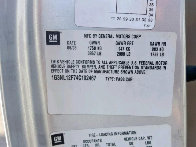 1G3NL12F74C102467 - 2004 OLDSMOBILE ALERO GL SILVER photo 10