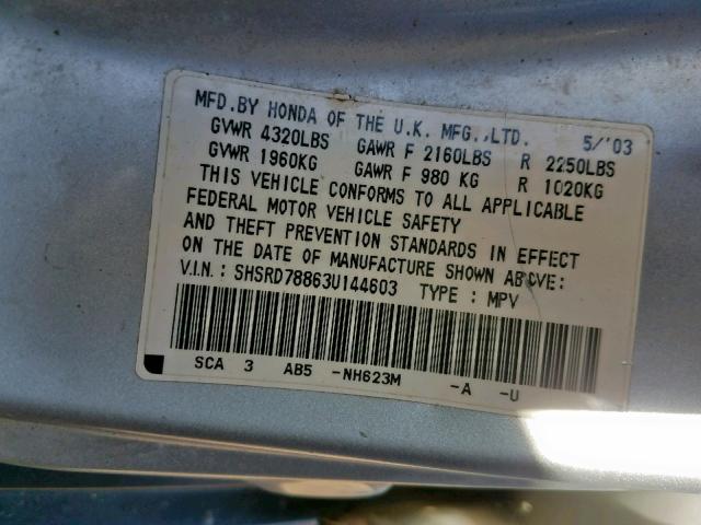 SHSRD78863U144603 - 2003 HONDA CR-V EX SILVER photo 10