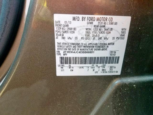 2FMDK4JC4DBB68851 - 2013 FORD EDGE SEL GRAY photo 10