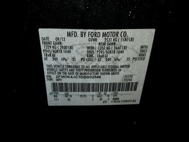 2FMDK4JC3DBB02548 - 2013 FORD EDGE SEL BLACK photo 10