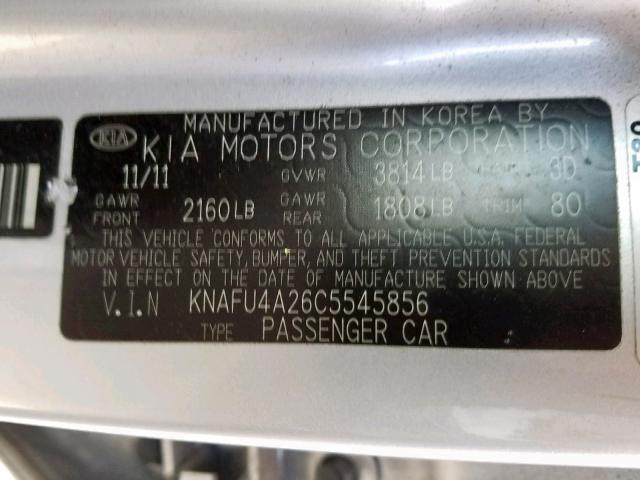 KNAFU4A26C5545856 - 2012 KIA FORTE EX SILVER photo 10