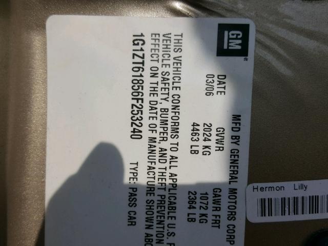 1G1ZT61856F253240 - 2006 CHEVROLET MALIBU MAX ოქროსფერი ფოტო 10