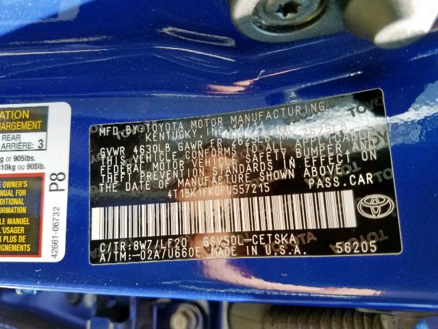 4T1BK1FK0FU557215 - 2015 TOYOTA CAMRY XSE BLUE photo 10