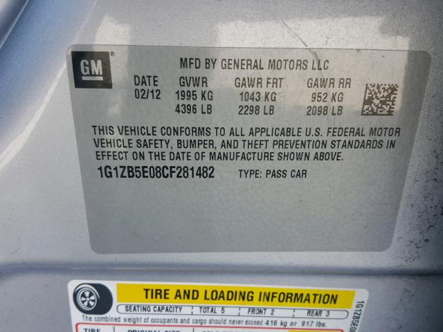 1G1ZB5E08CF281482 - 2012 CHEVROLET MALIBU LS 银色 照片 10