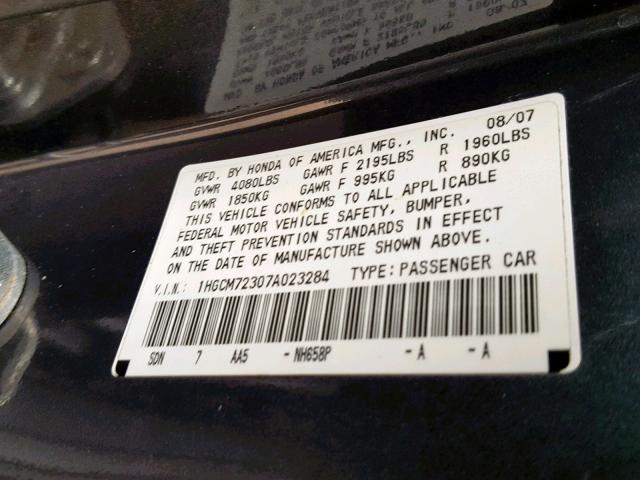 1HGCM72307A023284 - 2007 HONDA ACCORD LX GRAY photo 10