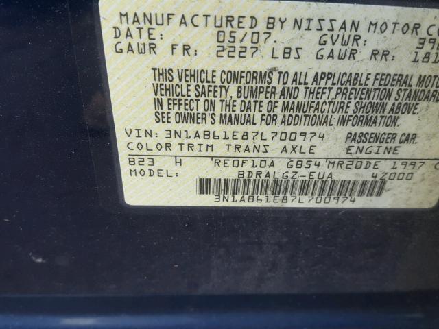 3N1AB61E87L700974 - 2007 NISSAN SENTRA 2.0 BLUE photo 10