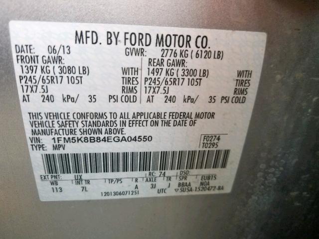 1FM5K8B84EGA04550 - 2014 FORD EXPLORER SILVER photo 10