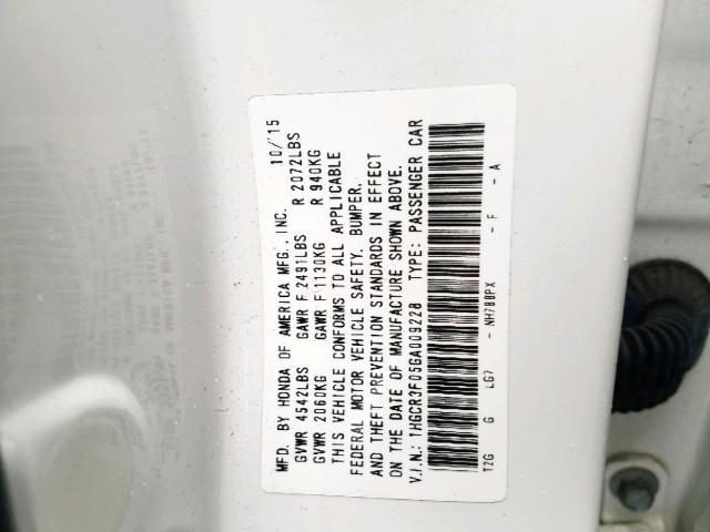 1HGCR3F05GA009228 - 2016 HONDA ACCORD EXL WHITE photo 10