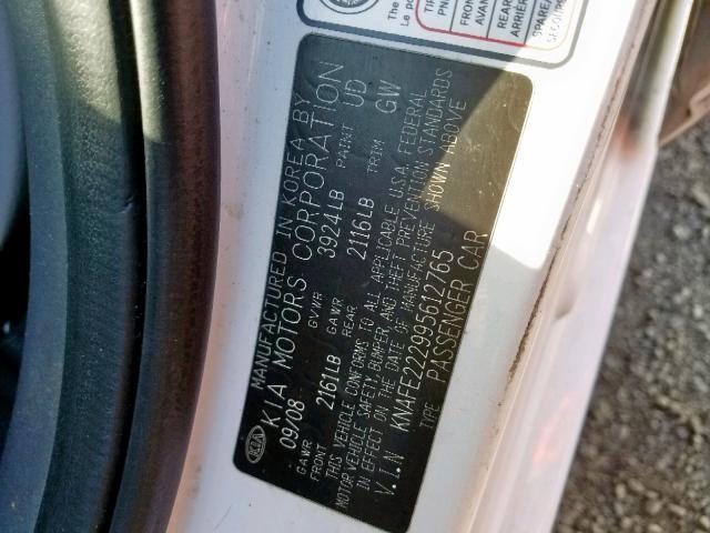 KNAFE222995612765 - 2009 KIA SPECTRA EX WHITE photo 10