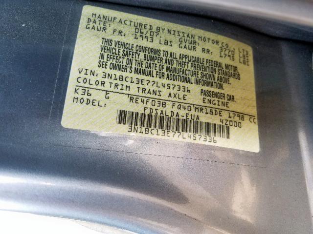 3N1BC13E77L457336 - 2007 NISSAN VERSA S GRAY photo 10