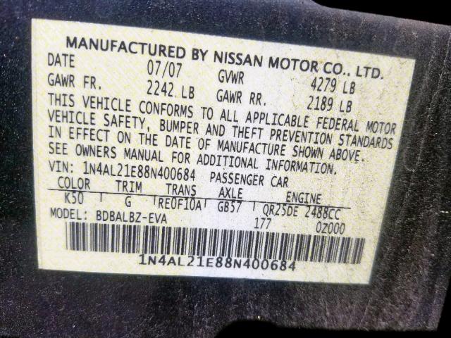 1N4AL21E88N400684 - 2008 NISSAN ALTIMA 2.5 GRAY photo 10