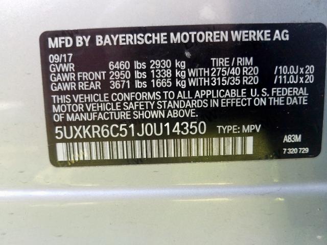 5UXKR6C51J0U14350 - 2018 BMW X5 XDRIVE5 SILVER photo 10