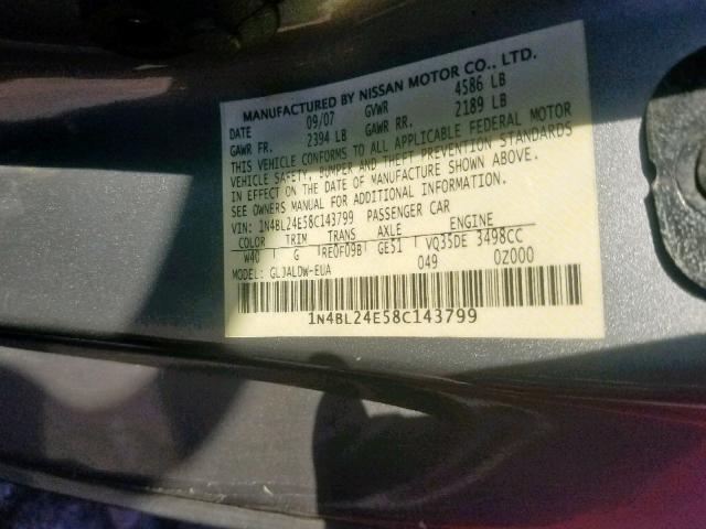 1N4BL24E58C143799 - 2008 NISSAN ALTIMA 3.5 SILVER photo 10