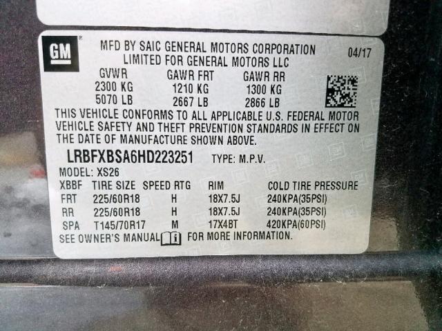 LRBFXBSA6HD223251 - 2017 BUICK ENVISION E BROWN photo 10