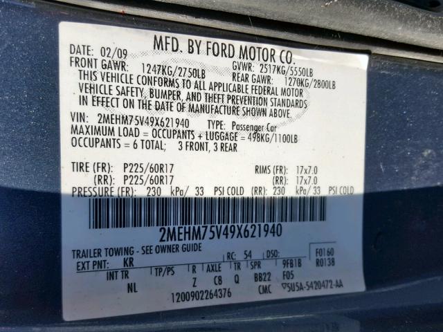 2MEHM75V49X621940 - 2009 MERCURY GRAND MARQ BLUE photo 10