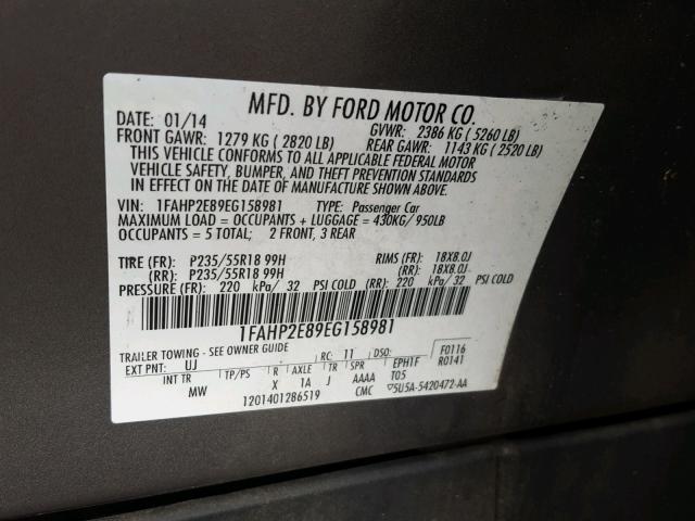 1FAHP2E89EG158981 - 2014 FORD TAURUS SEL GRAY photo 10