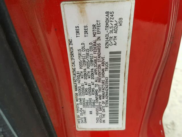 5TENL42N44Z423943 - 2004 TOYOTA TACOMA RED photo 10