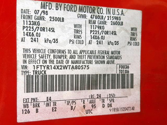 1FTYR14X2WTA80575 - 1998 FORD RANGER SUP RED photo 10