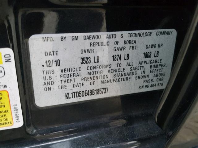 KL1TD5DE4BB185737 - 2011 CHEVROLET AVEO LS BLACK photo 10