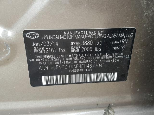 5NPDH4AE4EH467704 - 2014 HYUNDAI ELANTRA SE BEIGE photo 10