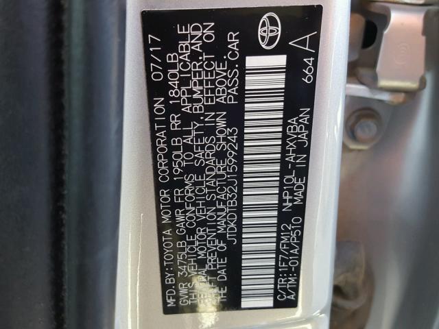 JTDKDTB32J1599243 - 2018 TOYOTA PRIUS C SILVER photo 10