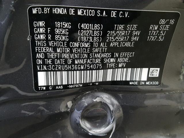 3CZRU5H36GM754075 - 2016 HONDA HR-V LX GRAY photo 10