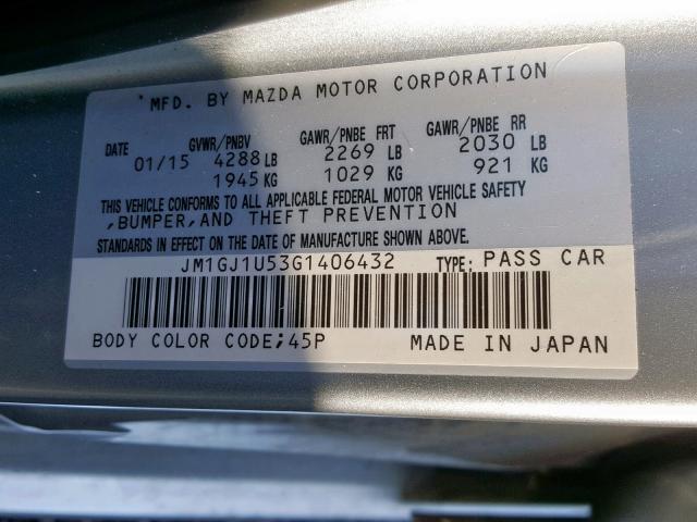 JM1GJ1U53G1406432 - 2016 MAZDA 6 SPORT SILVER photo 10