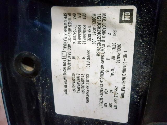 1G1JC524027457936 - 2002 CHEVROLET CAVALIER B BLUE photo 10