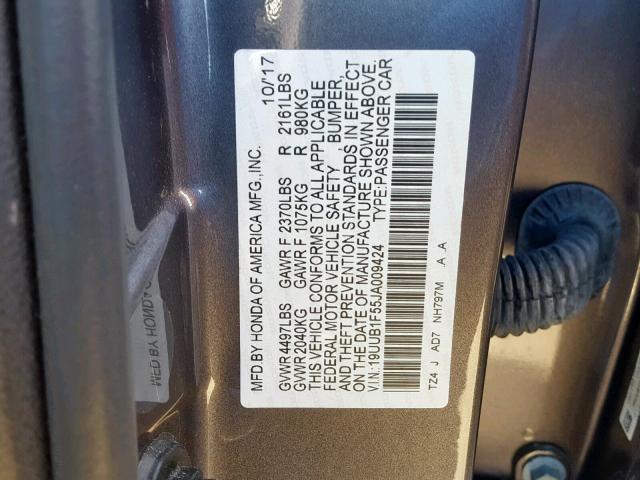 19UUB1F55JA009424 - 2018 ACURA TLX TECH GRAY photo 10