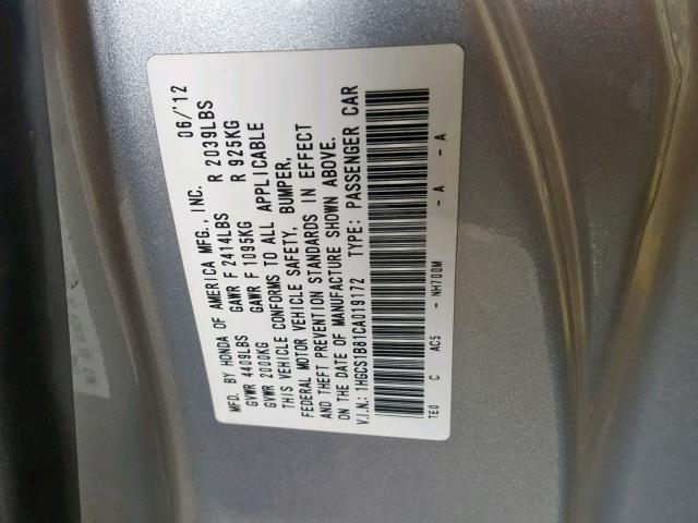 1HGCS1B81CA019172 - 2012 HONDA ACCORD EXL SILVER photo 10