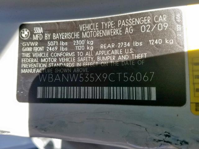 WBANW535X9CT56067 - 2009 BMW 550 I WHITE photo 10