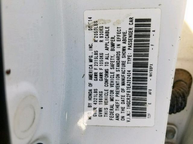 1HGCR2F87EA262404 - 2014 HONDA ACCORD EXL WHITE photo 10