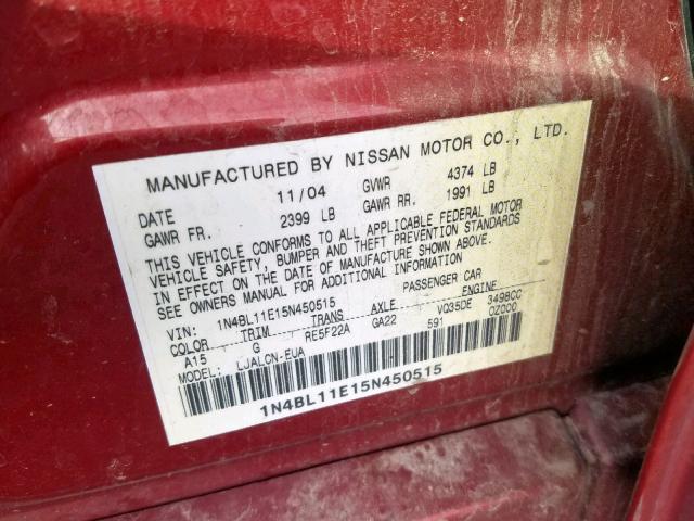 1N4BL11E15N450515 - 2005 NISSAN ALTIMA SE MAROON photo 10