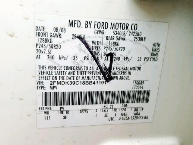 2FMDK39C18BB41191 - 2008 FORD EDGE LIMIT WHITE photo 10