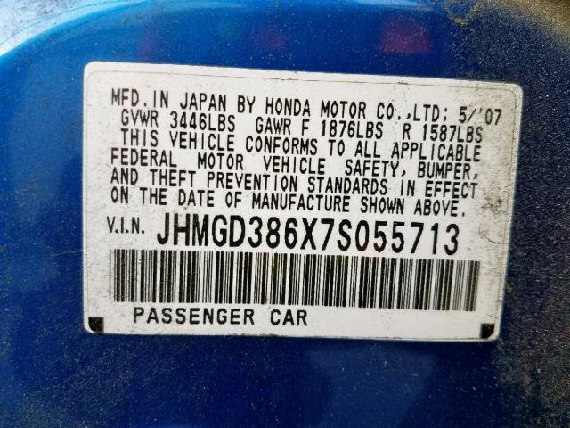 JHMGD386X7S055713 - 2007 HONDA FIT S BLUE photo 10