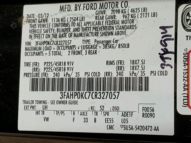 3FAHP0KC7CR327057 - 2012 FORD FUSION SPO BLACK photo 10