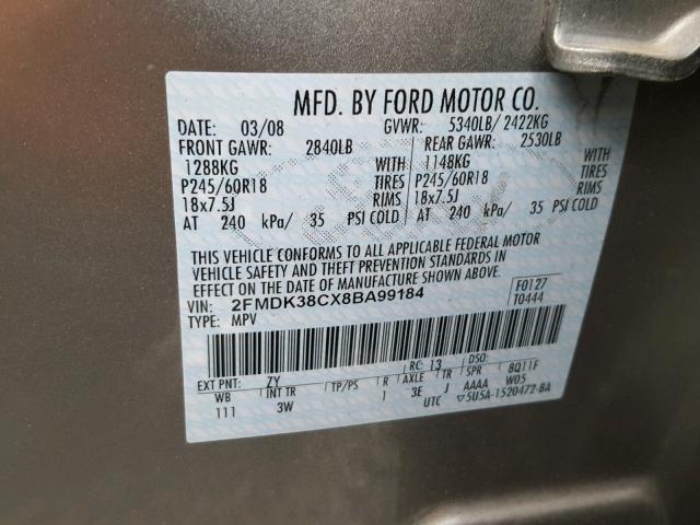 2FMDK38CX8BA99184 - 2008 FORD EDGE SEL SILVER photo 10