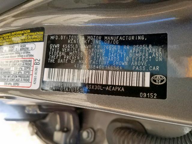 4T1BK36B46U166564 - 2006 TOYOTA AVALON LIM GRAY photo 10