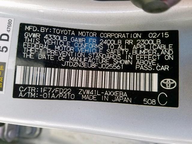 JTDZN3EU8FJ025561 - 2015 TOYOTA PRIUS V SILVER photo 10