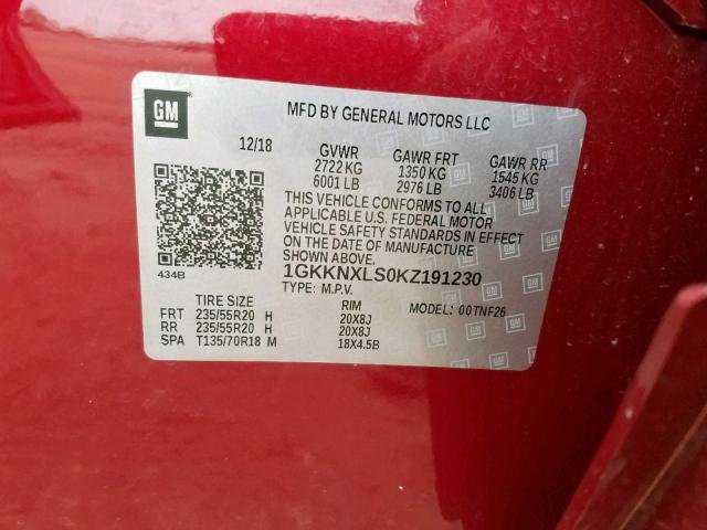 1GKKNXLS0KZ191230 - 2019 GMC ACADIA DEN RED photo 10