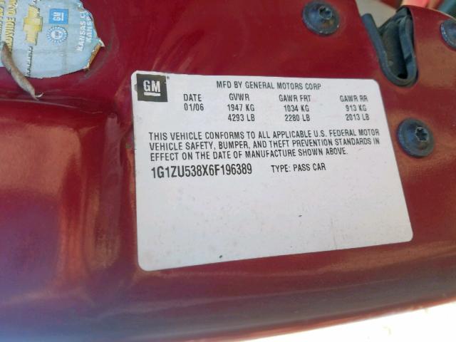 1G1ZU538X6F196389 - 2006 CHEVROLET MALIBU LTZ ბურგუნდია ფოტო 10