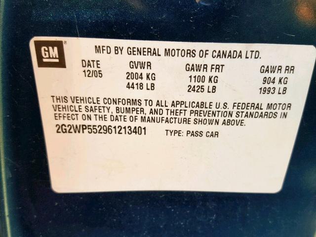 2G2WP552961213401 - 2006 PONTIAC GRAND PRIX TURQUOISE photo 10