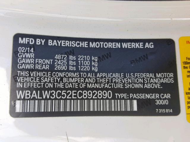 WBALW3C52EC892890 - 2014 BMW 640 I WHITE photo 10