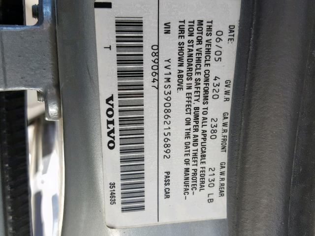 YV1MS390862156892 - 2006 VOLVO S40 2.4I GRAY photo 10