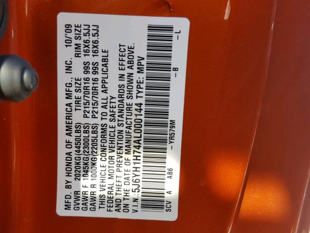 5J6YH1H74AL000144 - 2010 HONDA ELEMENT EX ORANGE photo 10