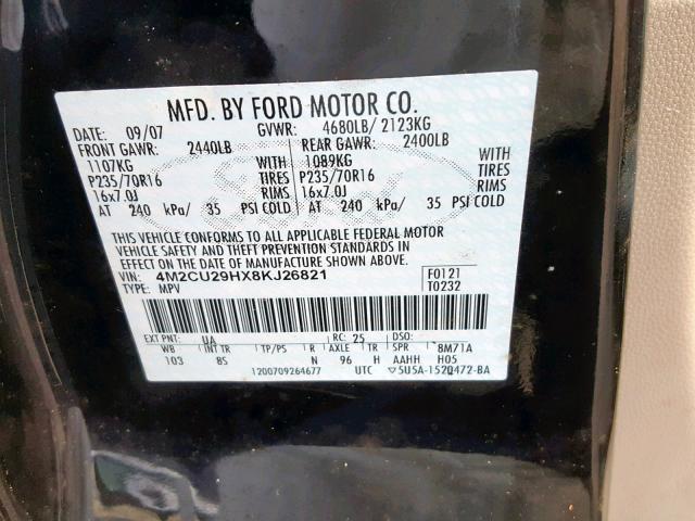 4M2CU29HX8KJ26821 - 2008 MERCURY MARINER HE BLACK photo 10